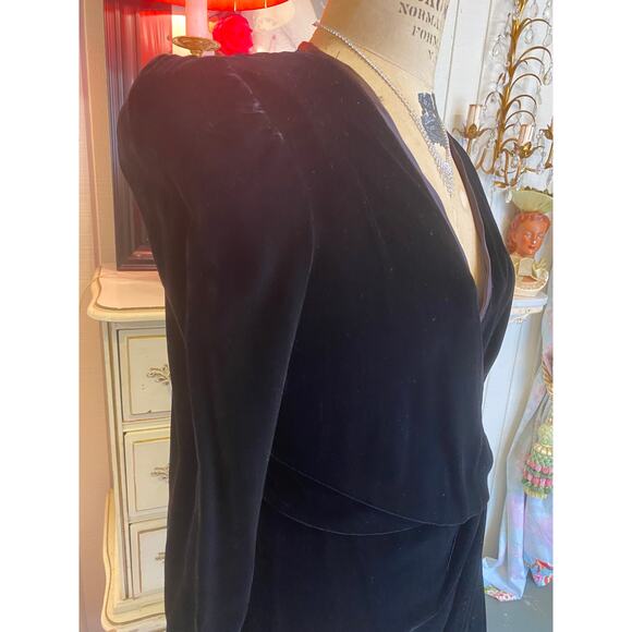 Vintage 1980s black velvet Victor Costa cocktail dress wrap draped rhinestone m - Picture 8 of 11
